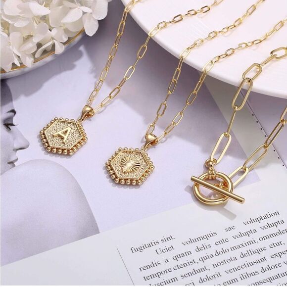 14K Plated Initial Layered Toggle Necklaces - Picture 2 of 5